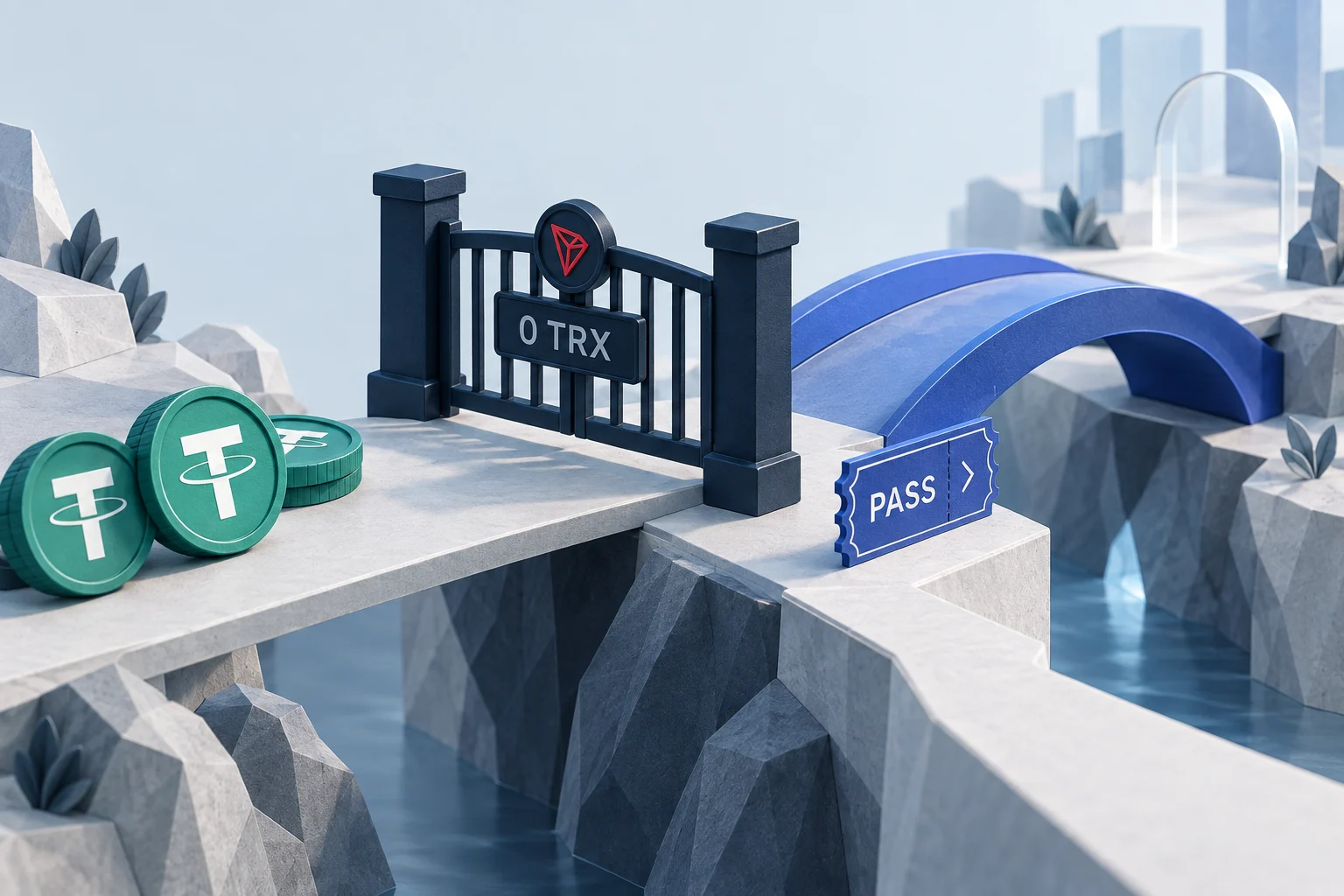 USDT tokens at a zero-TRX gate with a separate pass route