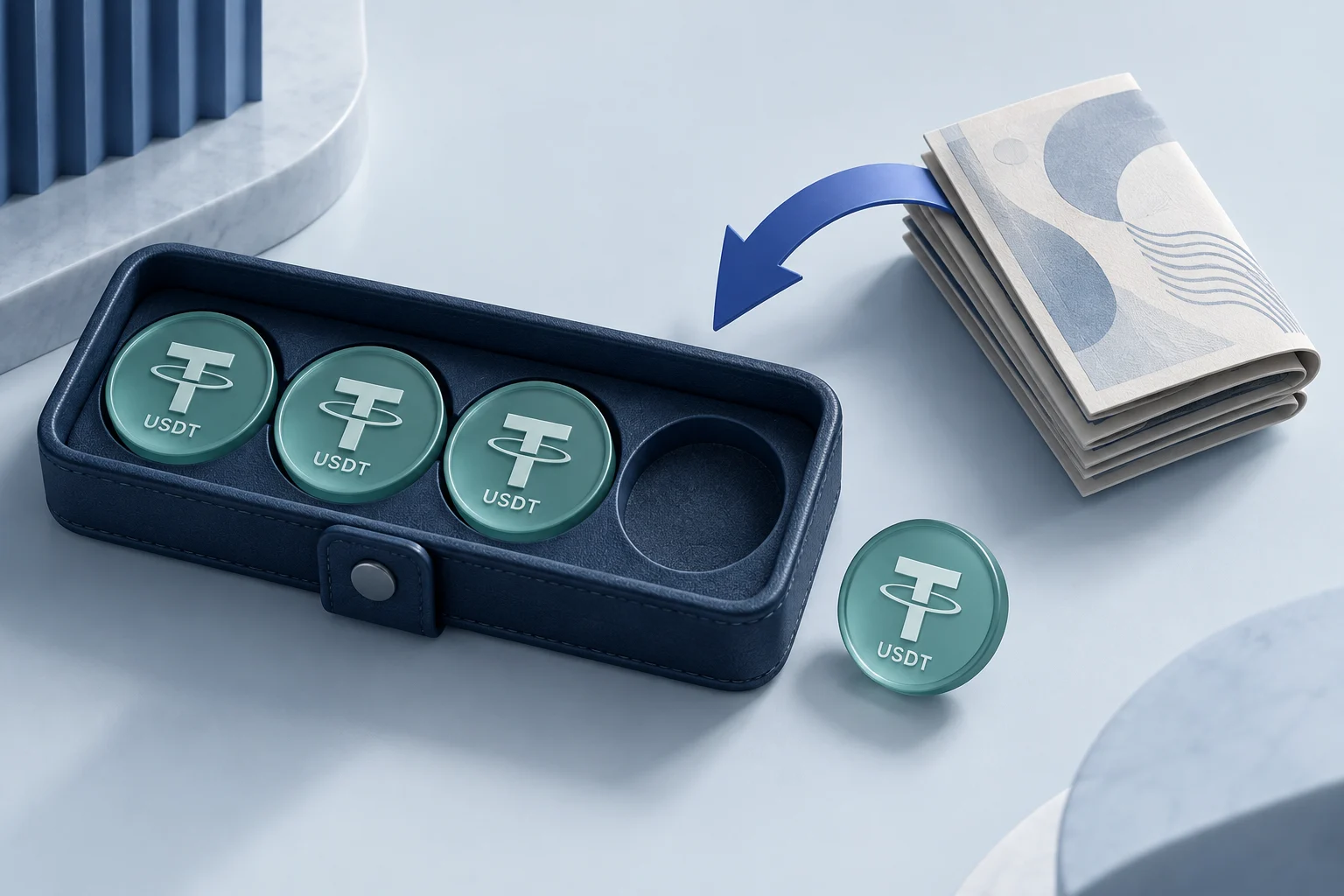 USDT wallet with an empty token slot and local-currency notes illustrating replacement cost