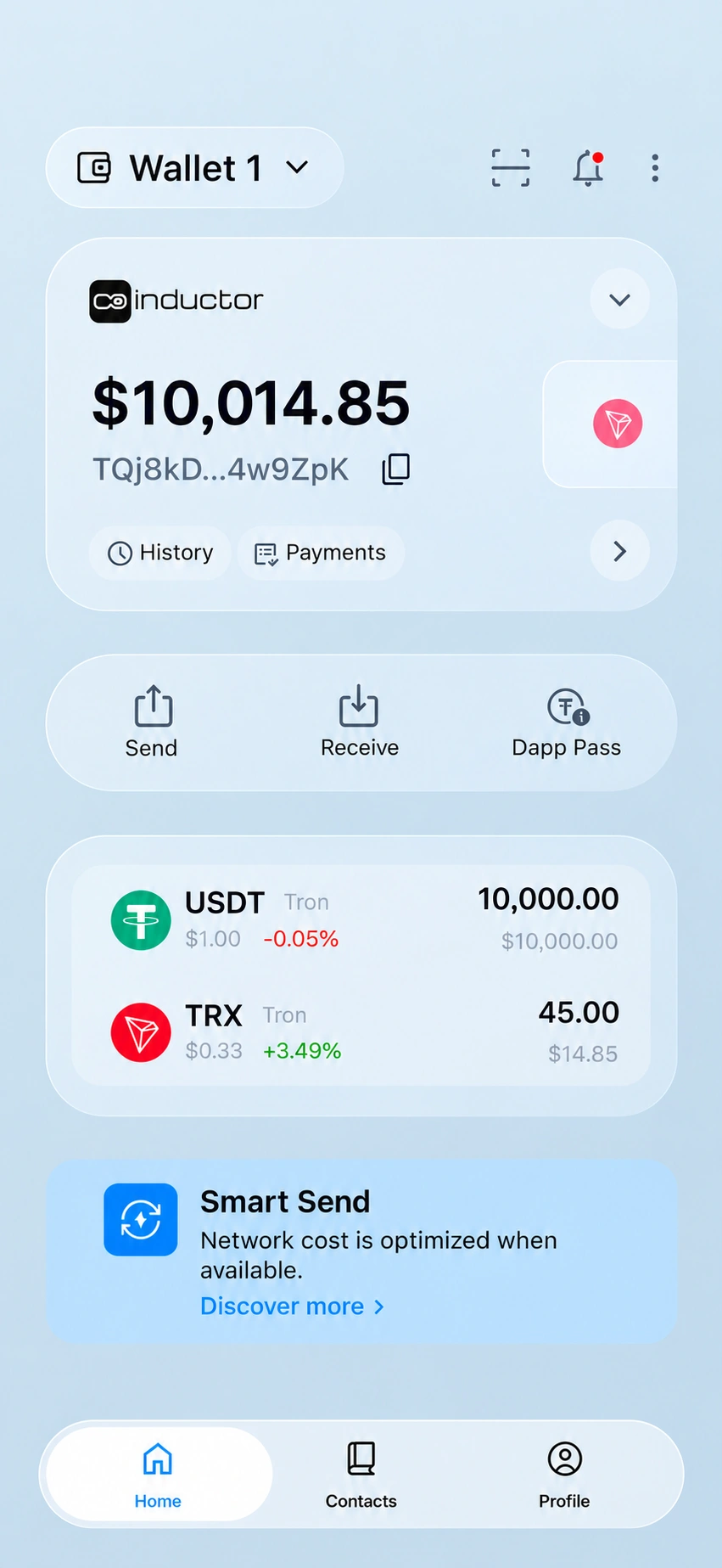 Illustrative Coinductor app interface with 10,000 USDT, 45 TRX and Smart Send