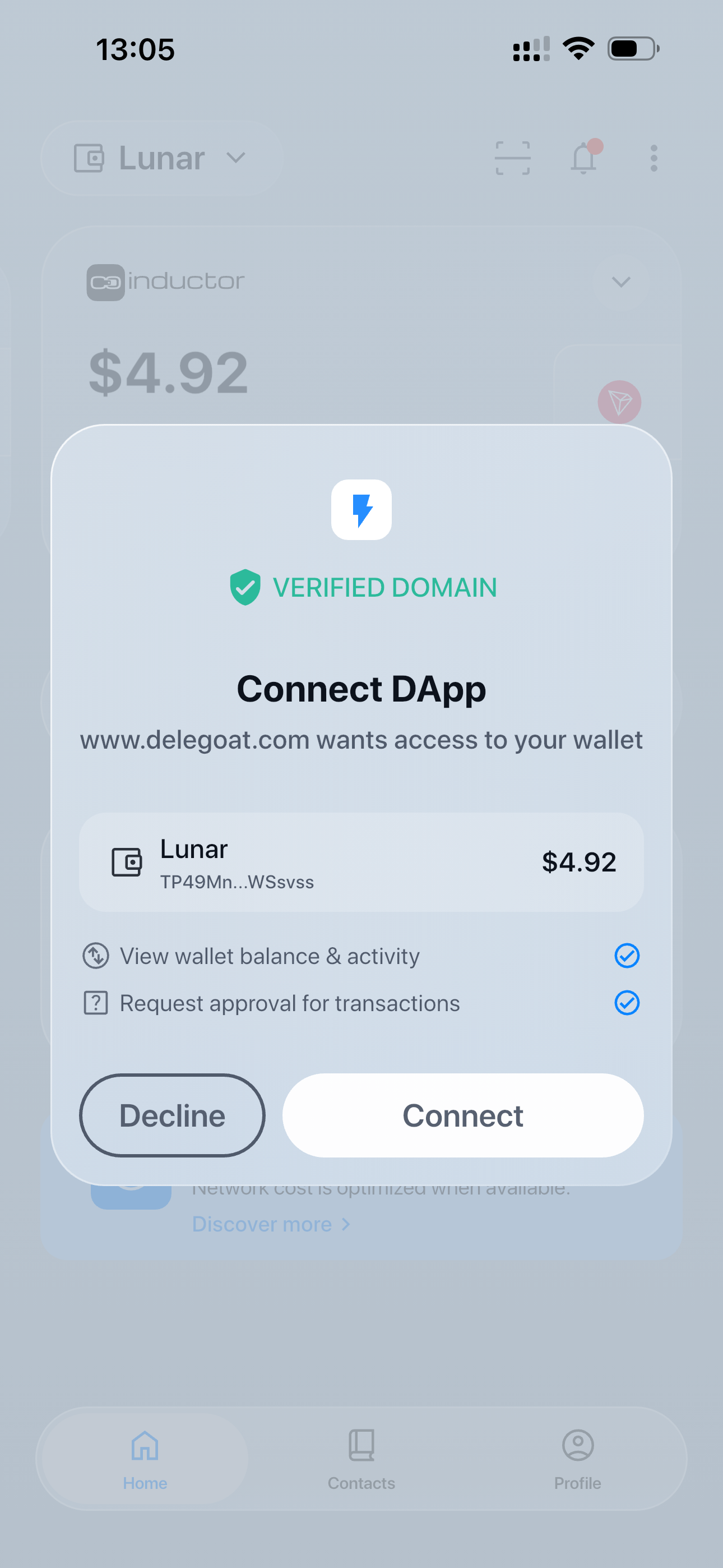 Coinductor connection request showing a supported website and requested permissions