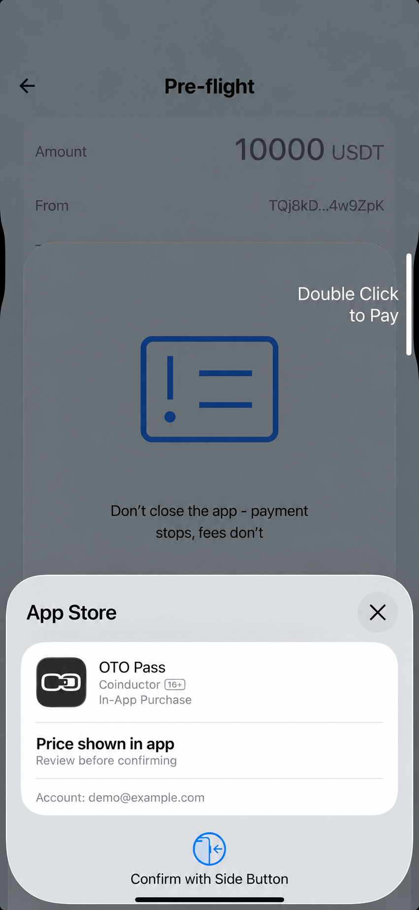Illustrative iOS in-app purchase sheet; price and account details replaced for this illustration