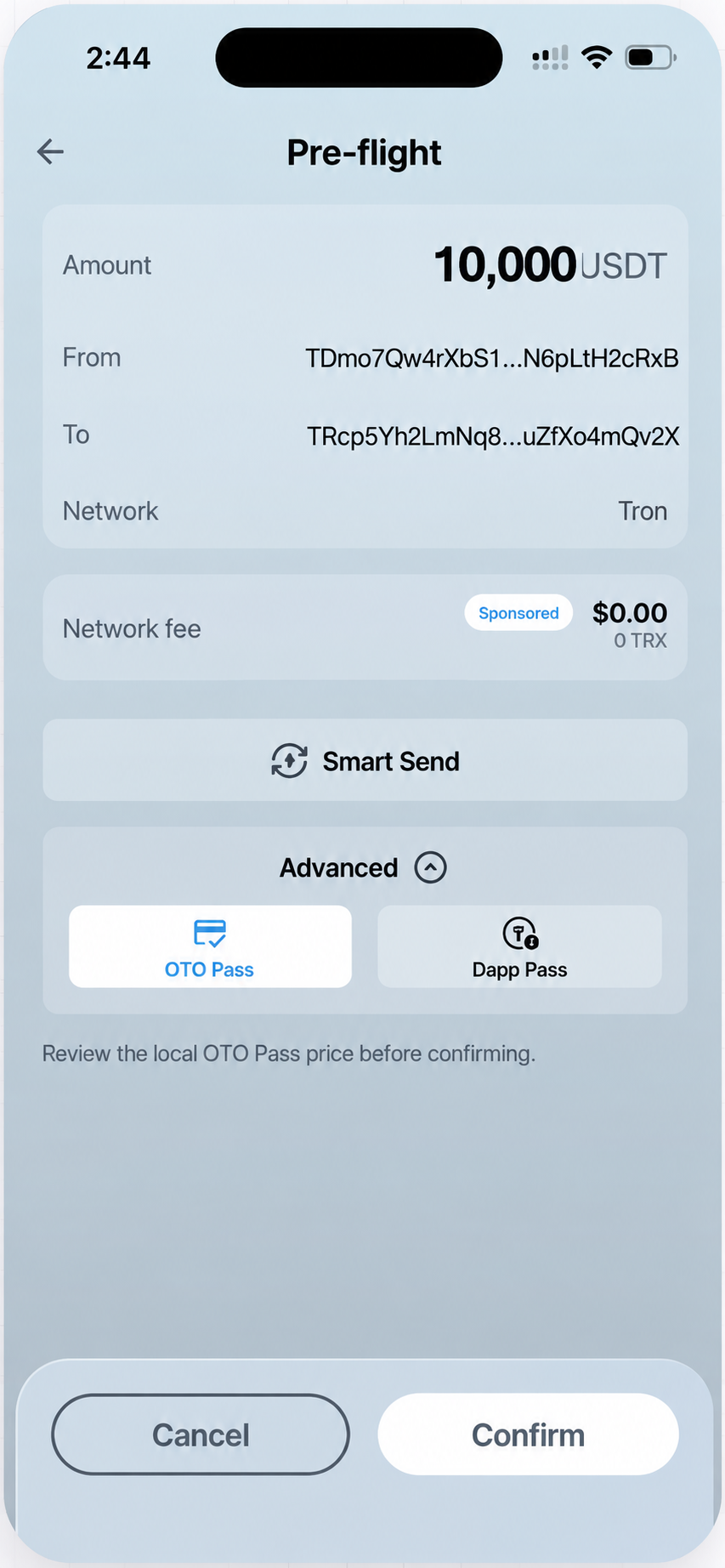 Enhanced OTO Pass selection for a 10,000 USDT example transfer