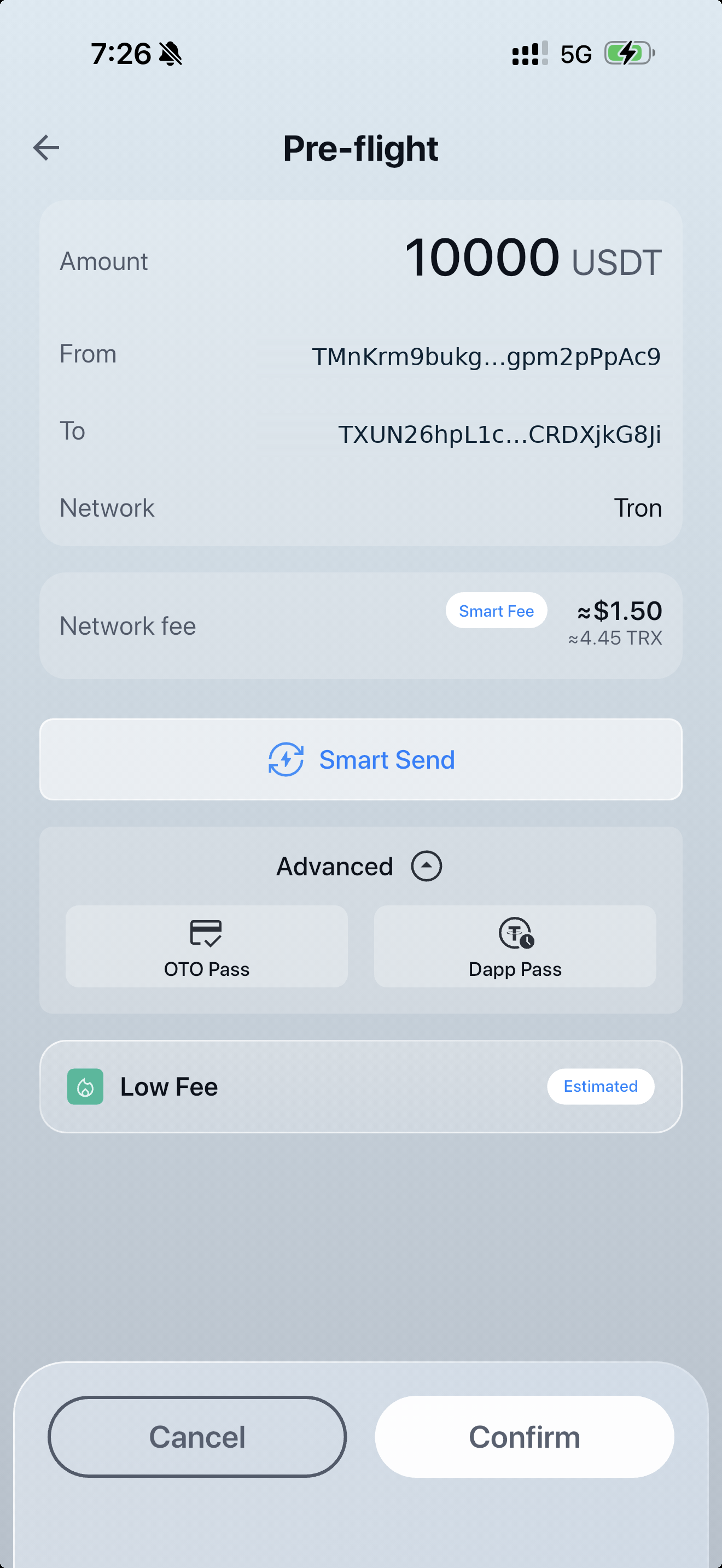 Actual Smart Send pre-flight screen, with a 10,000 USDT example and randomly generated TRON-format example addresses