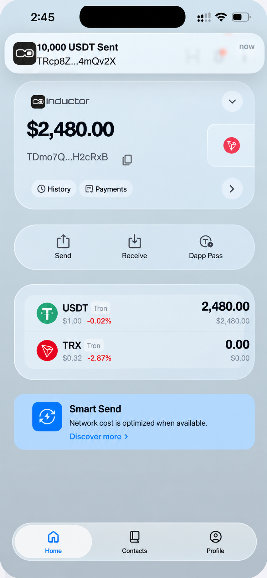 Enhanced app notification: 10,000 USDT sent