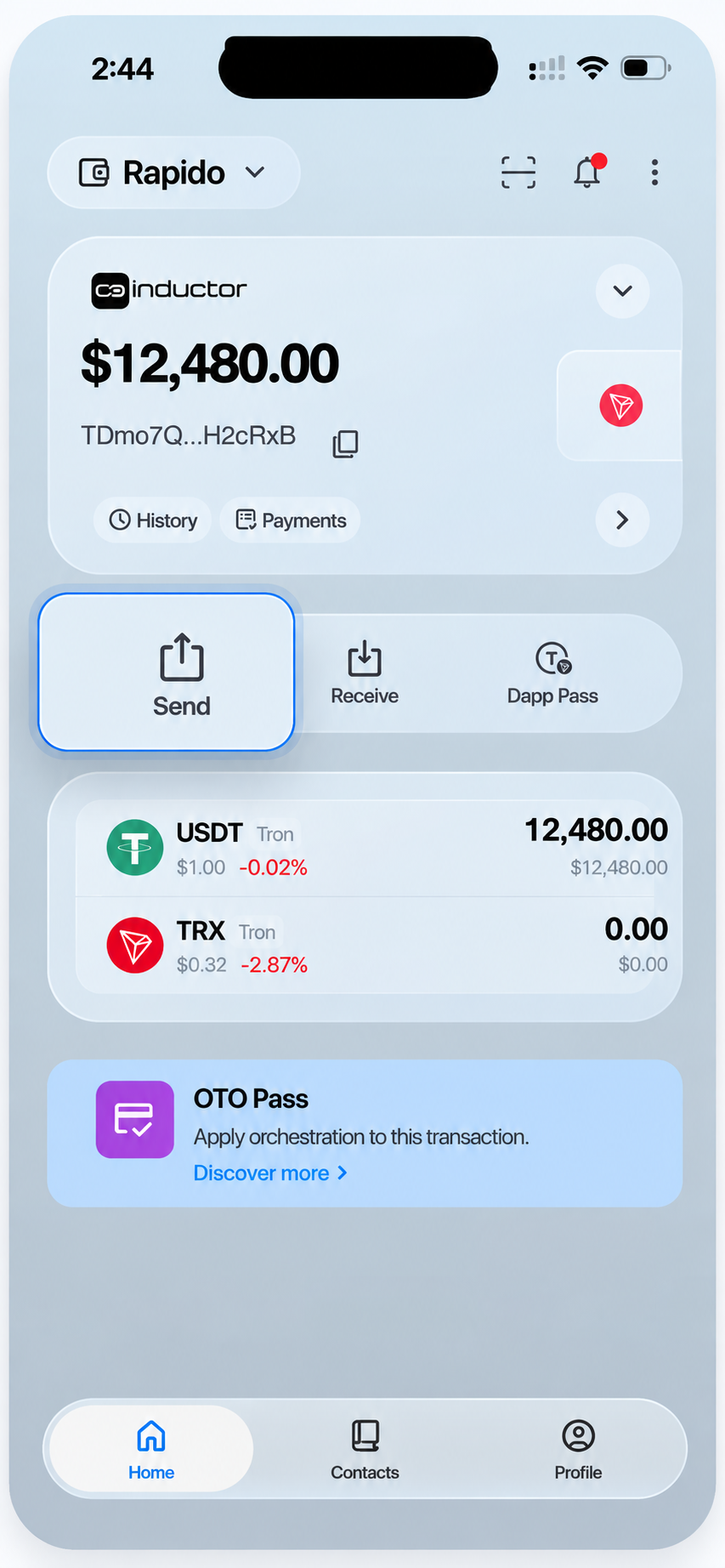 Example wallet with USDT and zero TRX