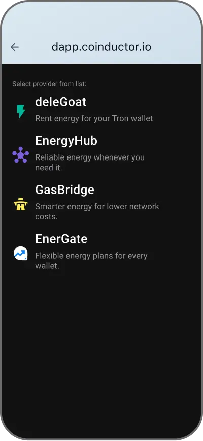 Coinductor app screen for Choose a listed provider