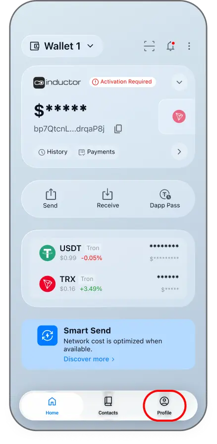 Coinductor app screen for Open Settings
