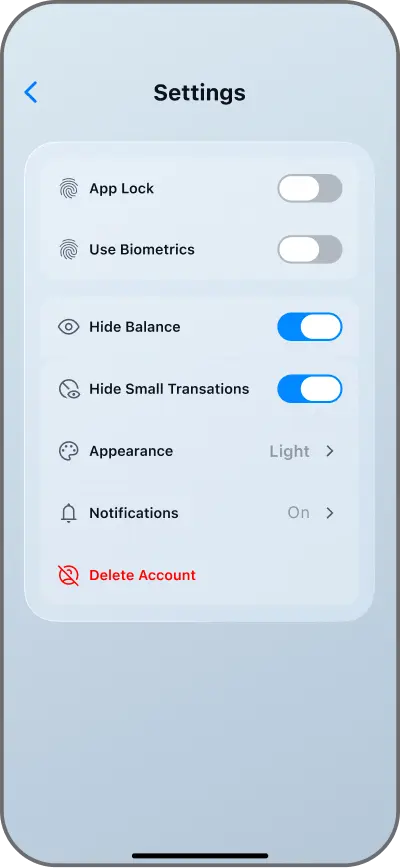 Coinductor app screen for Adjust privacy and display