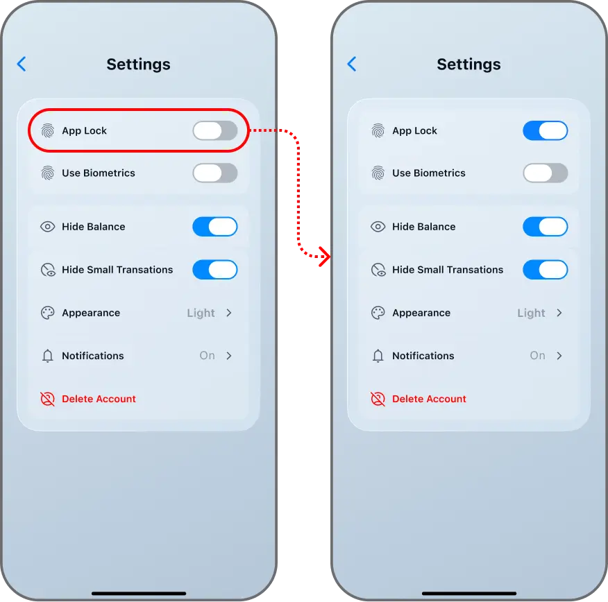 Coinductor app screen for Adjust privacy and display
