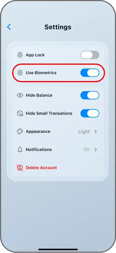 Coinductor app screen for Adjust privacy and display