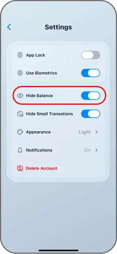 Coinductor app screen for Adjust privacy and display