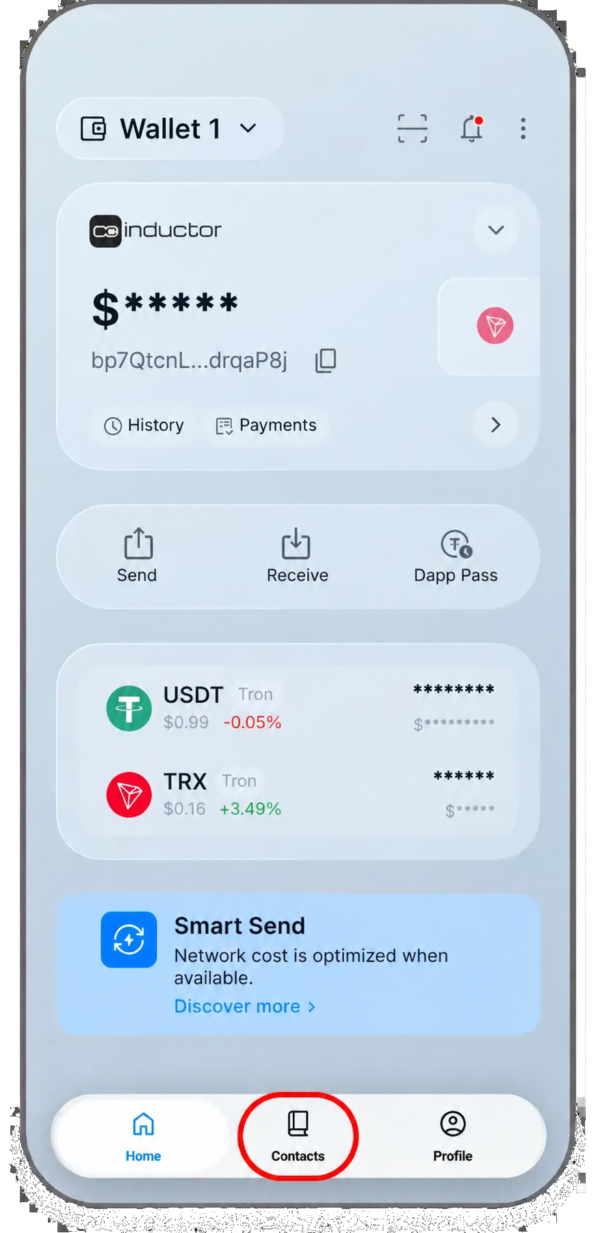 Coinductor app screen for Open Contacts