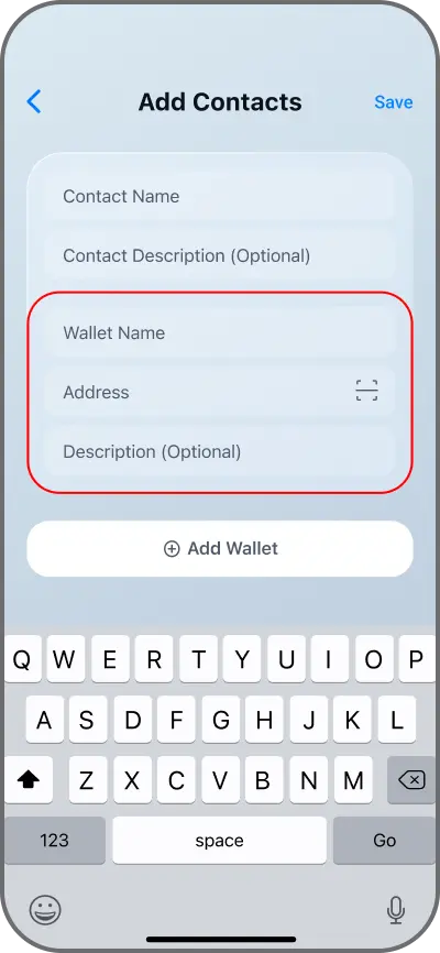 Coinductor app screen for Add an address