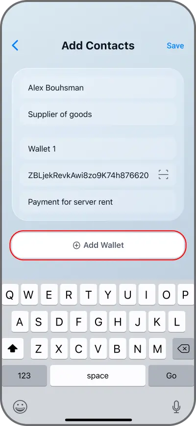 Coinductor app screen for Add an address