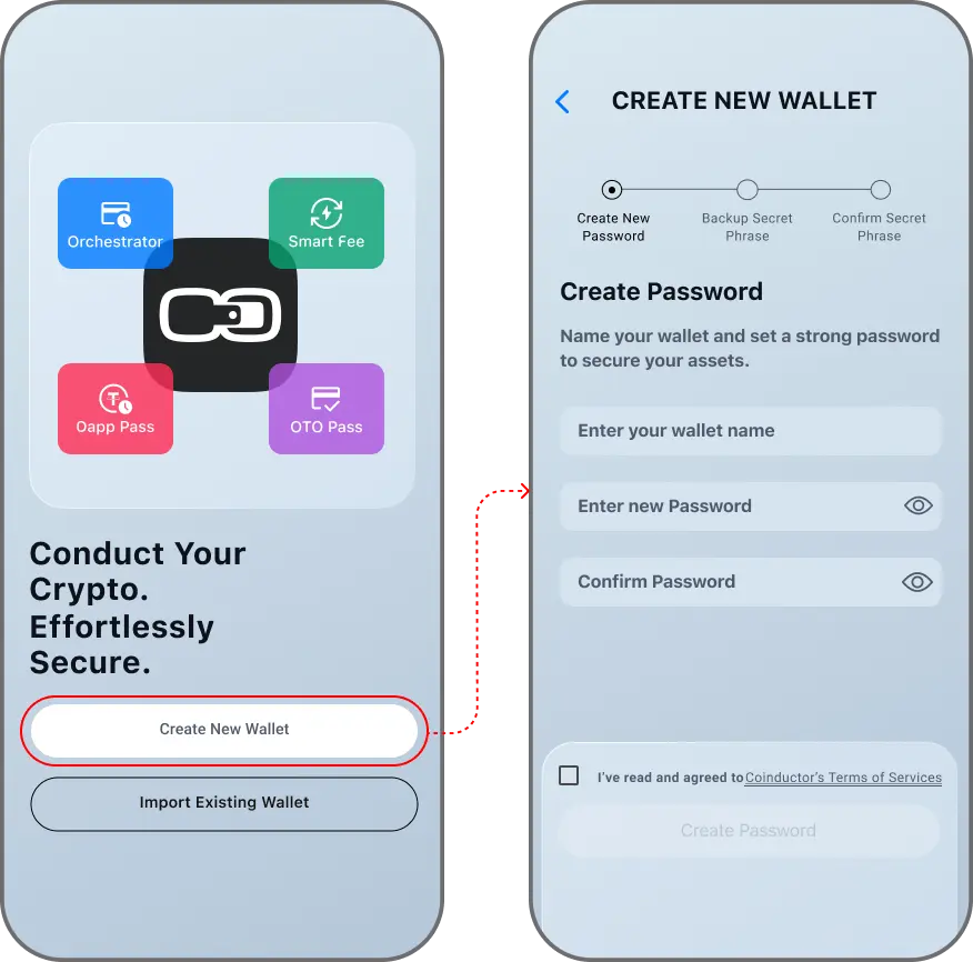 Coinductor app screen for Start a new wallet
