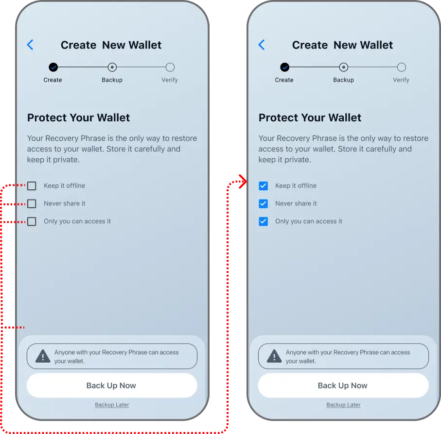Coinductor app screen for Back up the recovery phrase