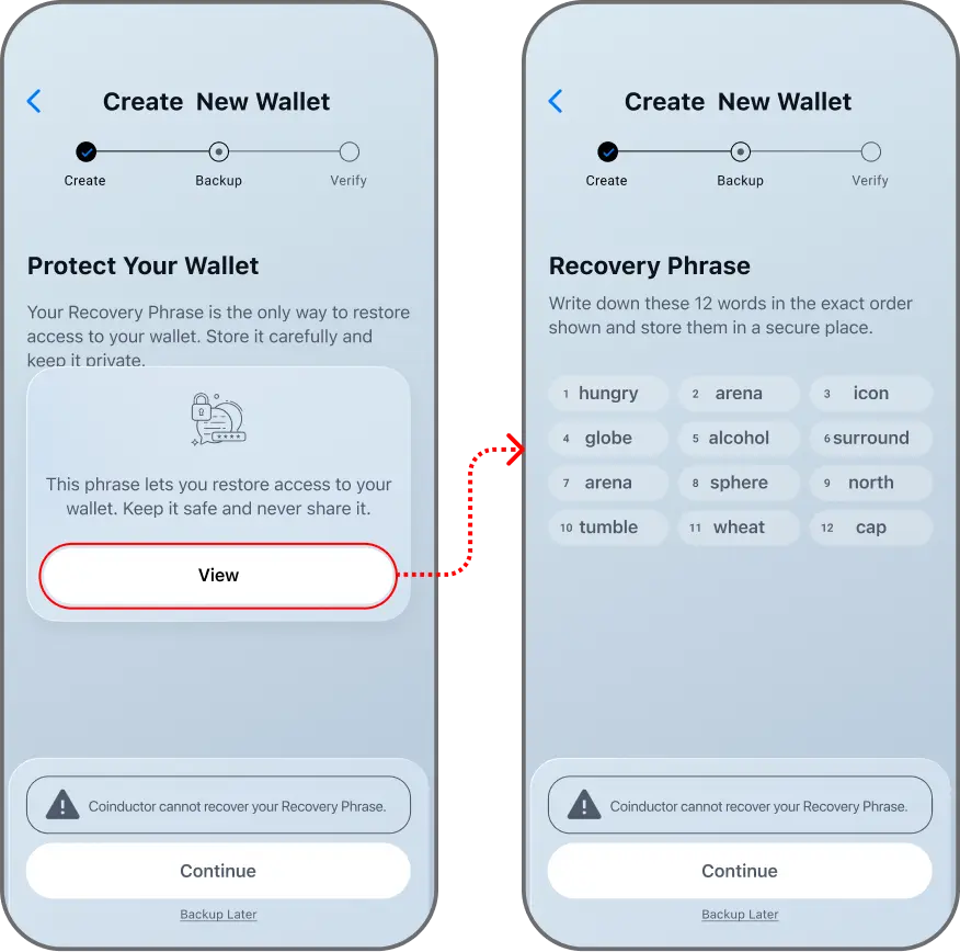 Coinductor app screen for Confirm your backup