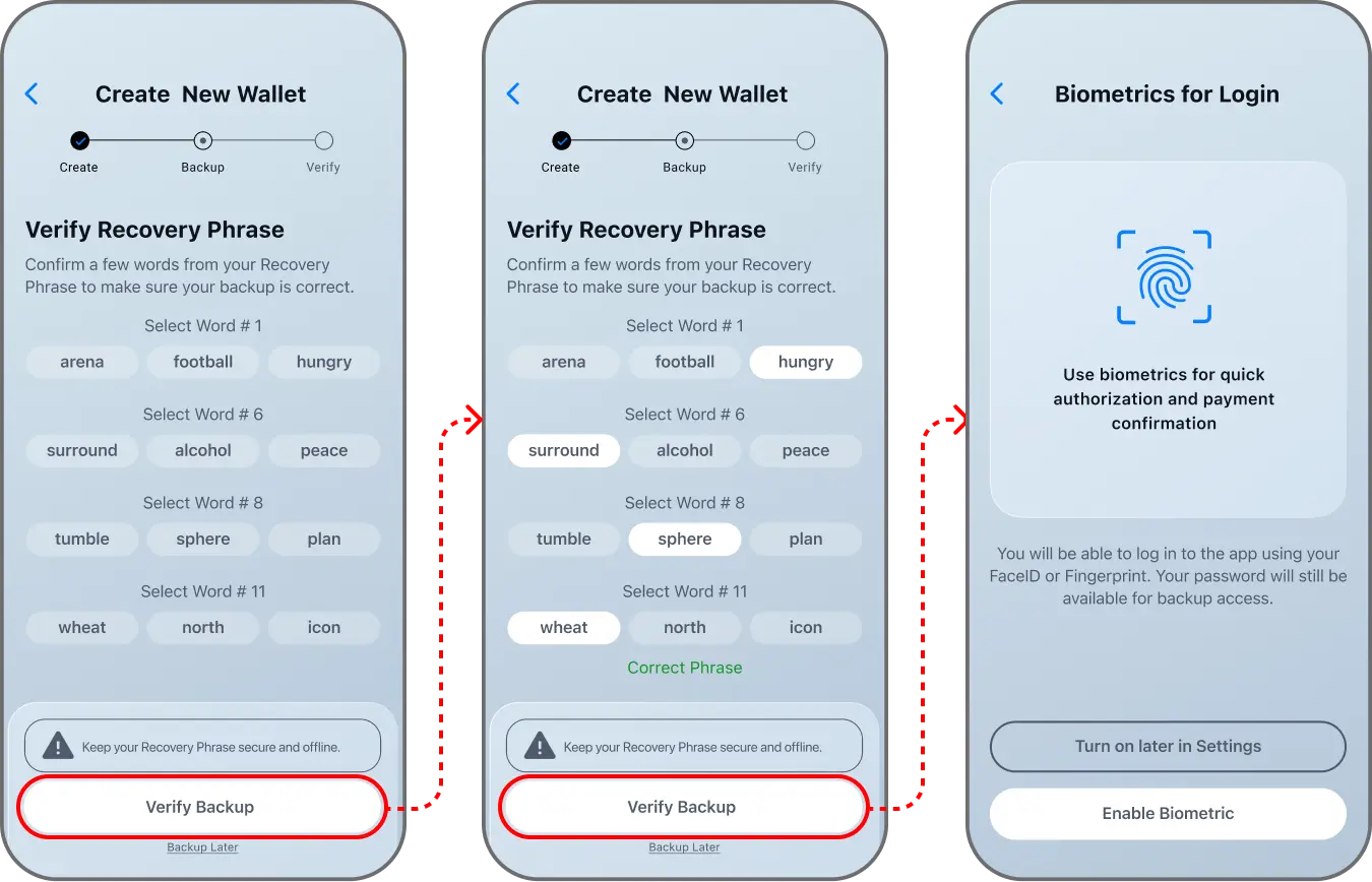 Coinductor app screen for Confirm your backup