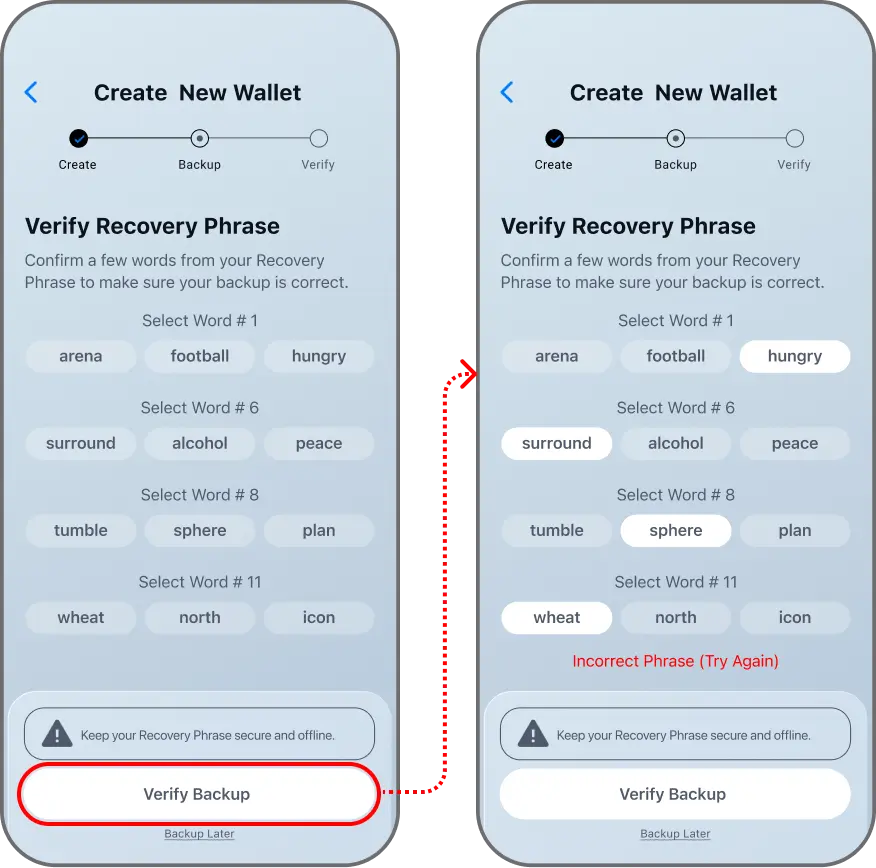 Coinductor app screen for Confirm your backup