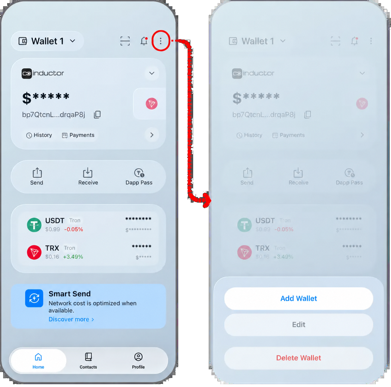 Coinductor app screen for Open the wallet menu