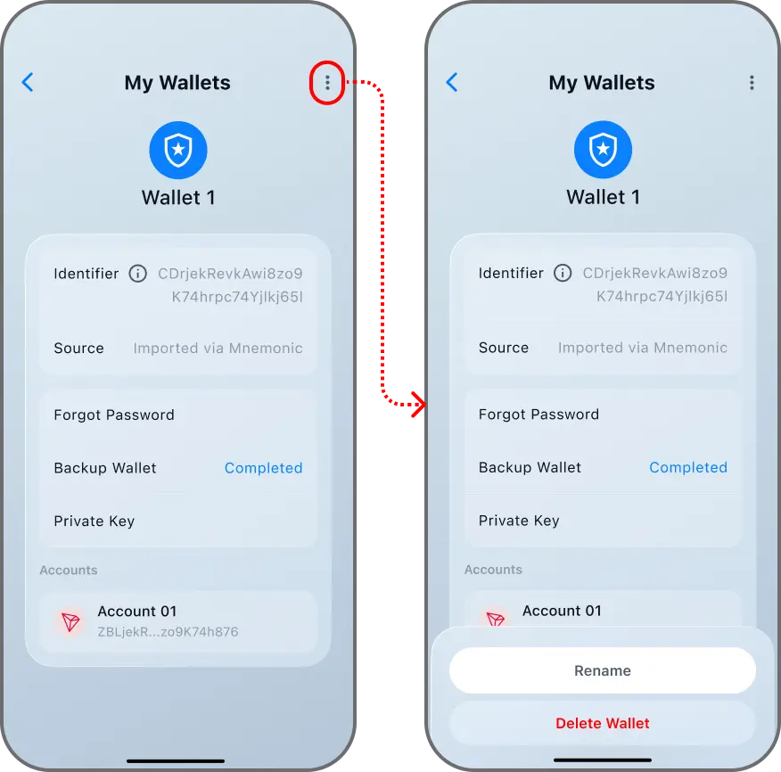 Coinductor app screen for Open the wallet menu