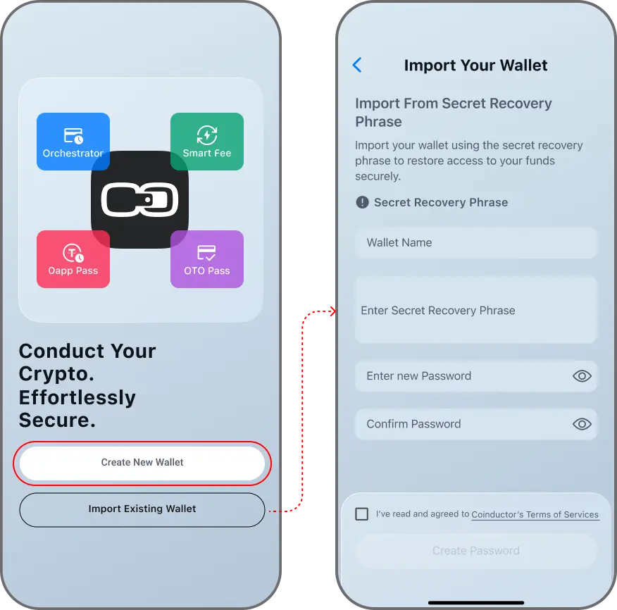 Coinductor app screen for Choose Import Wallet