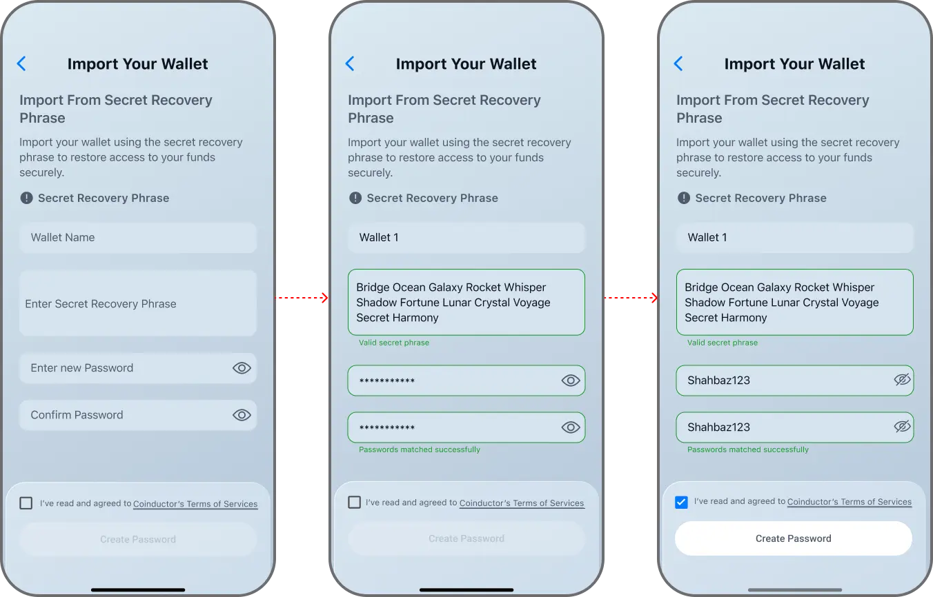 Coinductor app screen for Enter the recovery phrase