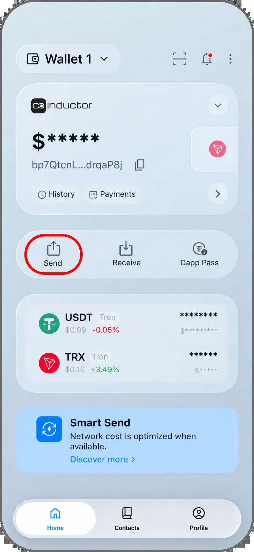 Coinductor app screen for Start the USDT transfer