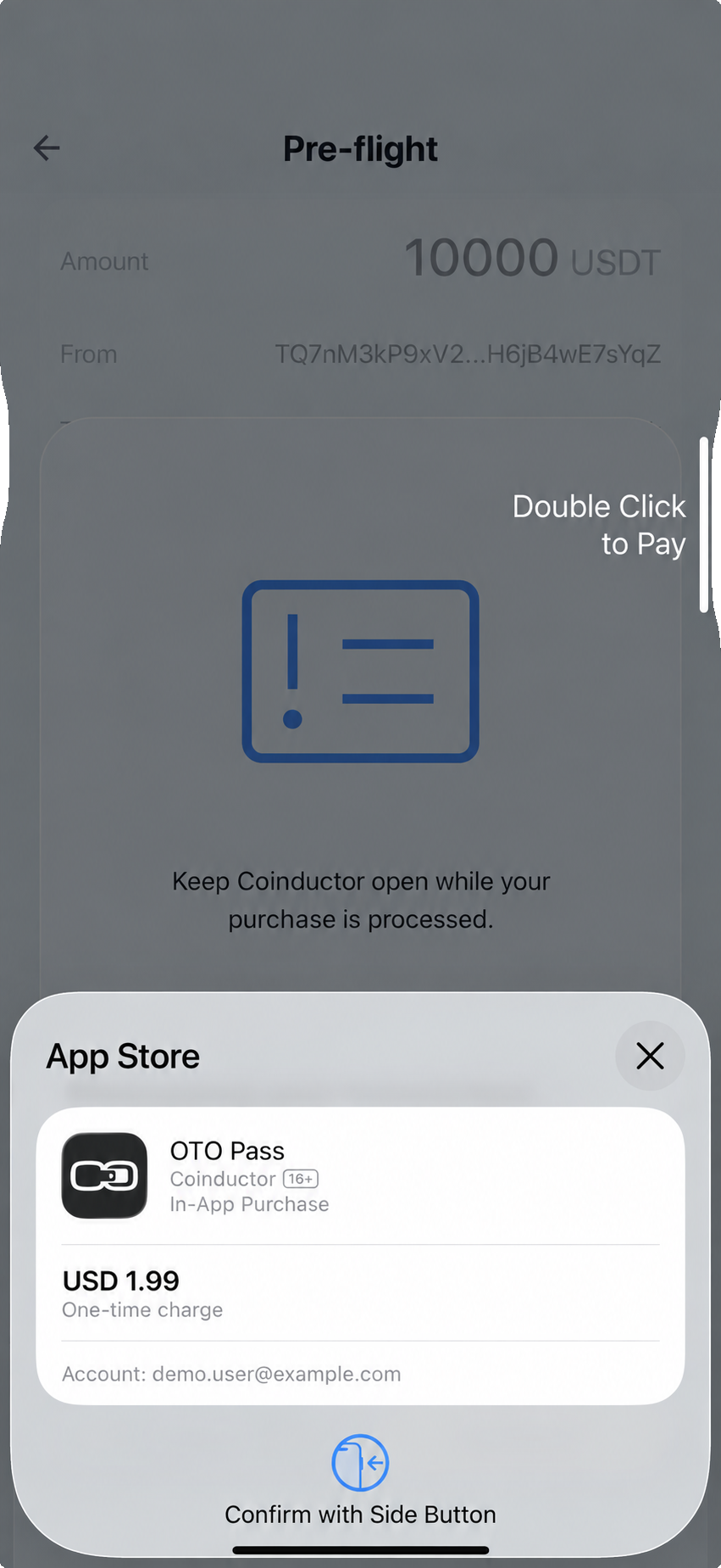 Coinductor app screen for Choose the available payment method