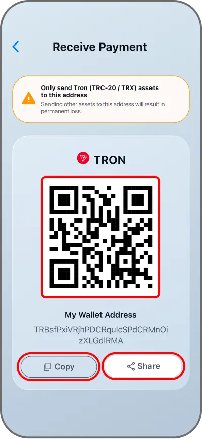 Coinductor app screen for Share the address