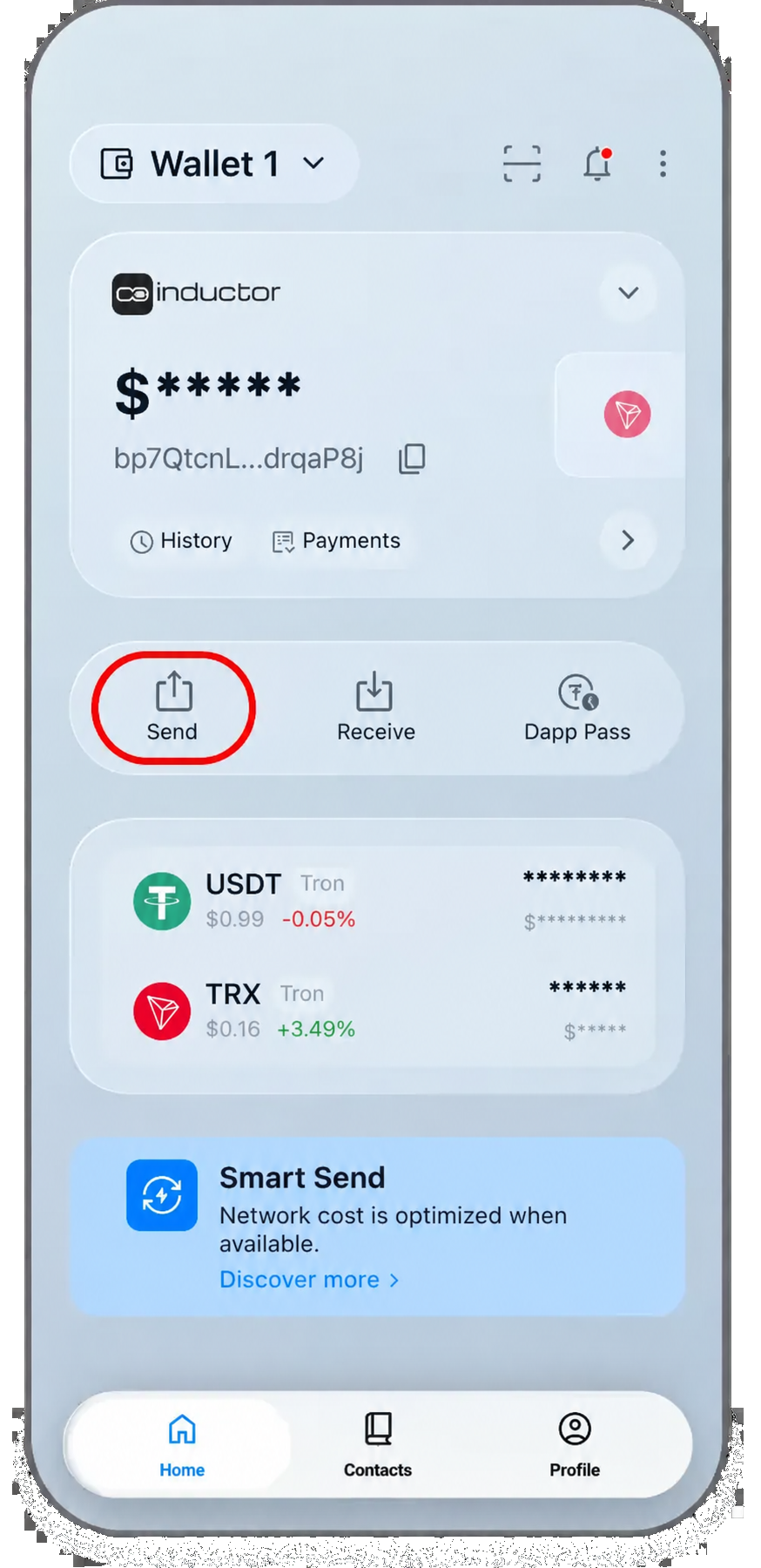 Coinductor app screen for Start a transfer