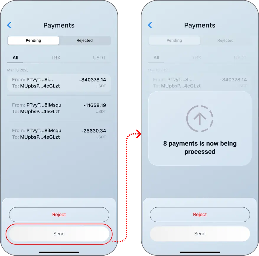 Coinductor app screen for Approve or reject